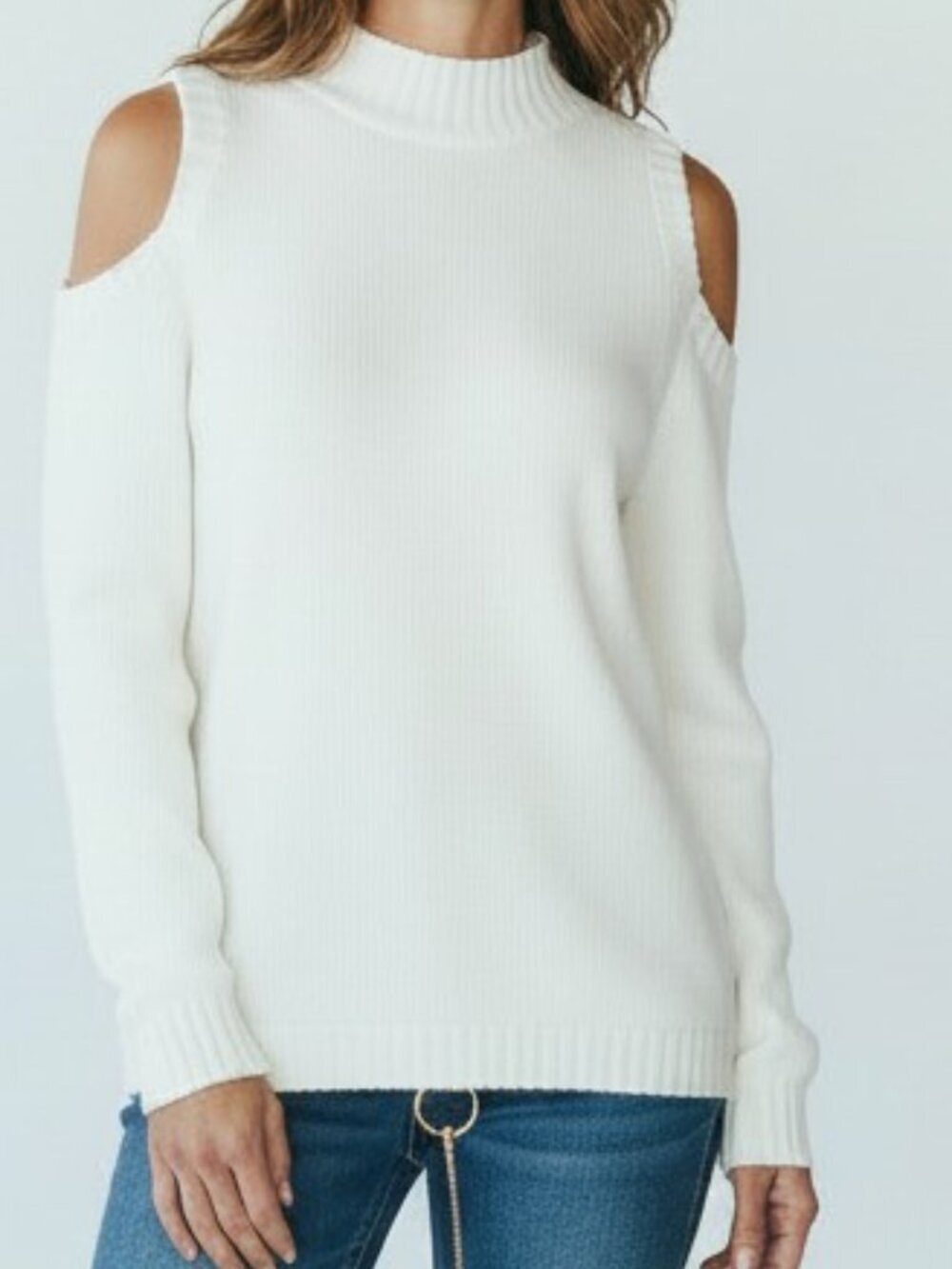 NWOT Susan Graver Ivory Cold Shoulder Mock Turtleneck